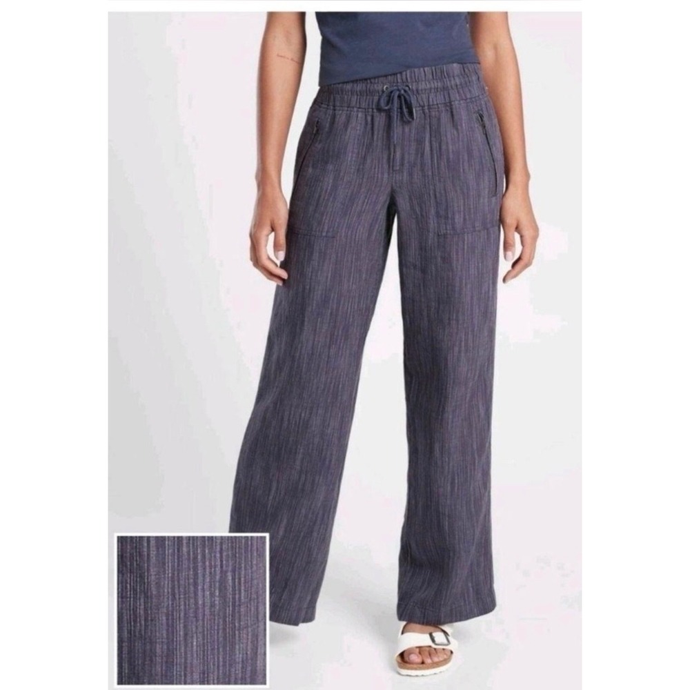 Athleta Cabo Linen Wide Leg Pants Navy Blue Space Dye Tall Medium Tall